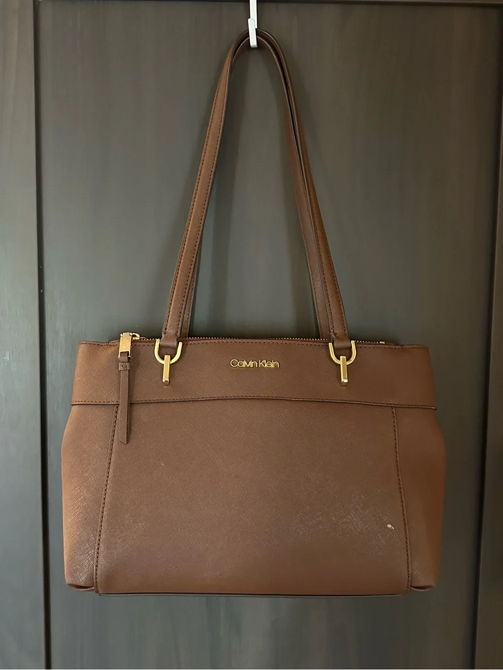 Calvin Klein Chocolate Brown Saffiano Shoulder Bag with Gold Hardware